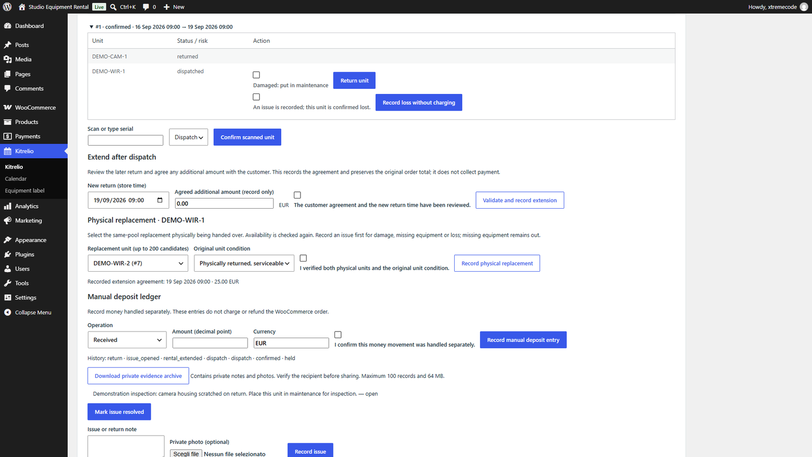 Actual local Kitrelio interface showing equipment return operations.