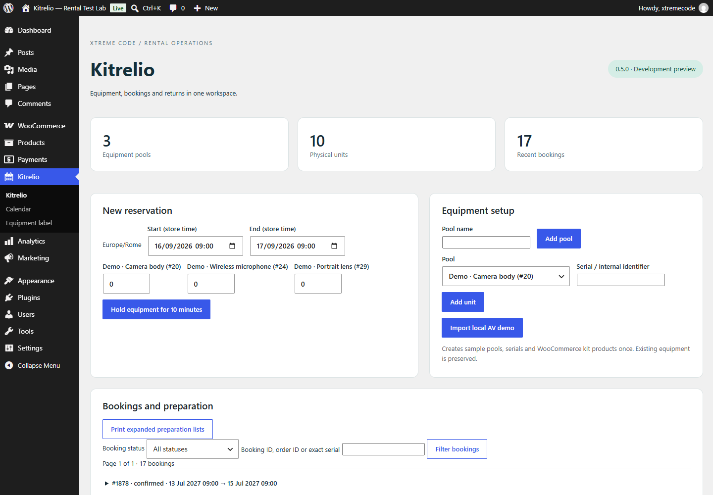 Rental workspace with equipment counts, new reservation and inventory setup forms