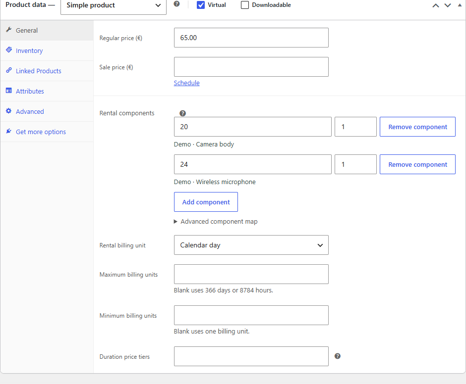 WooCommerce product settings with equipment components and rental rates