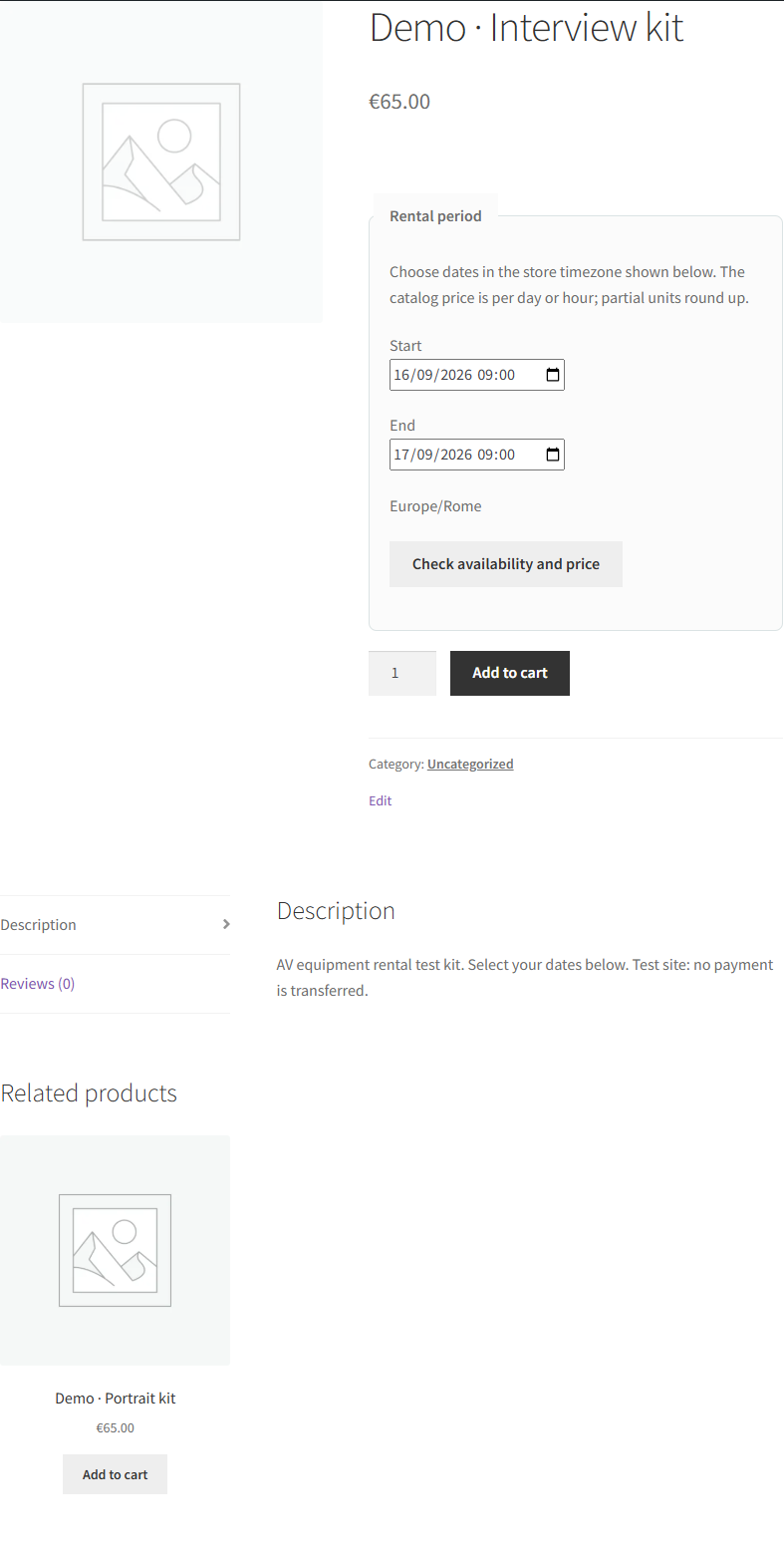 Demonstration rental product with period fields and availability check