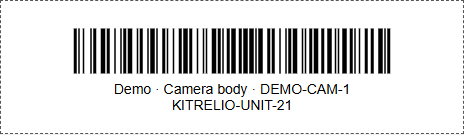 Code 128 label with a stable unit identifier and readable equipment serial
